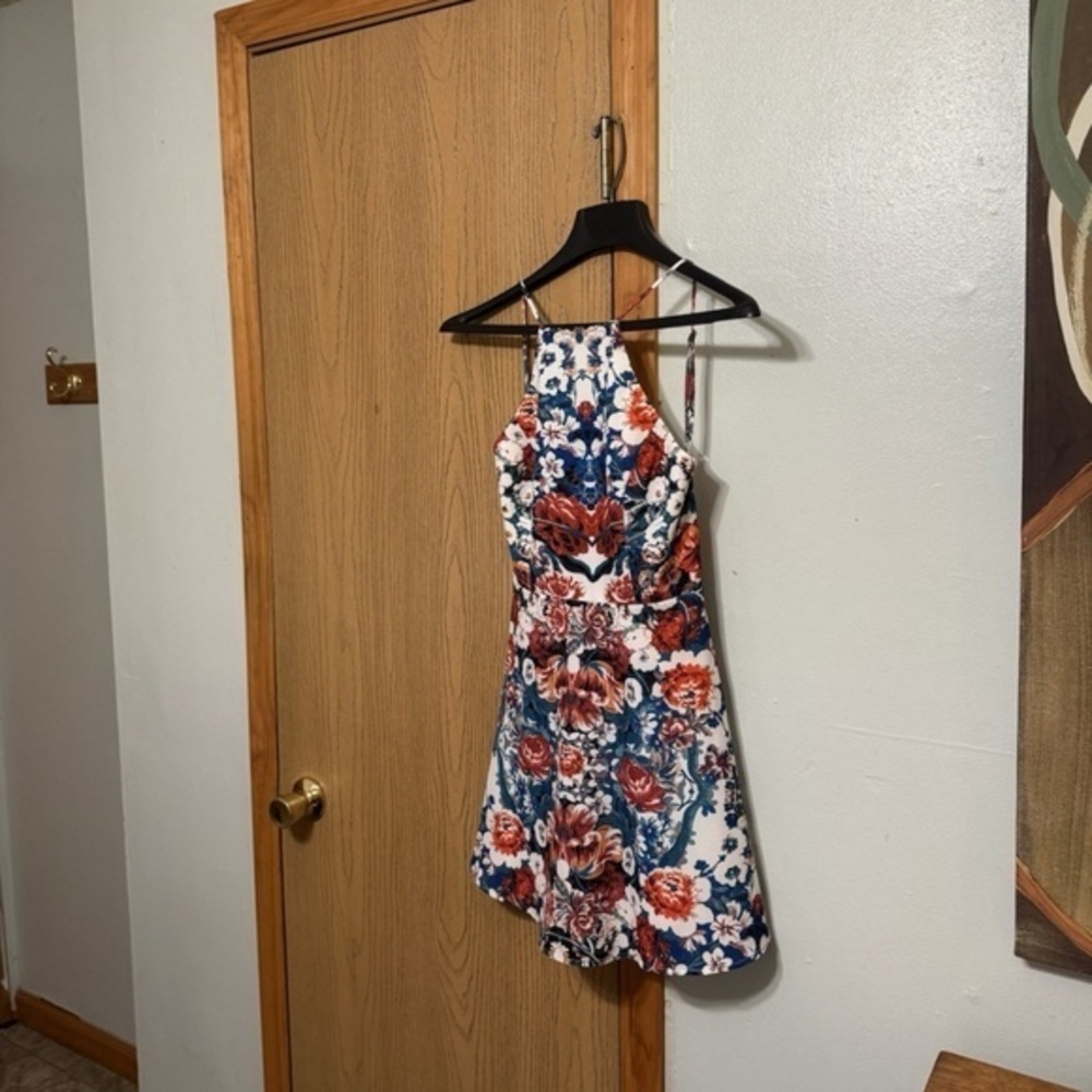 NBD XS Multi-Color w/Floral Print Sleeveless Above-Knee Open-Back Skater Dress